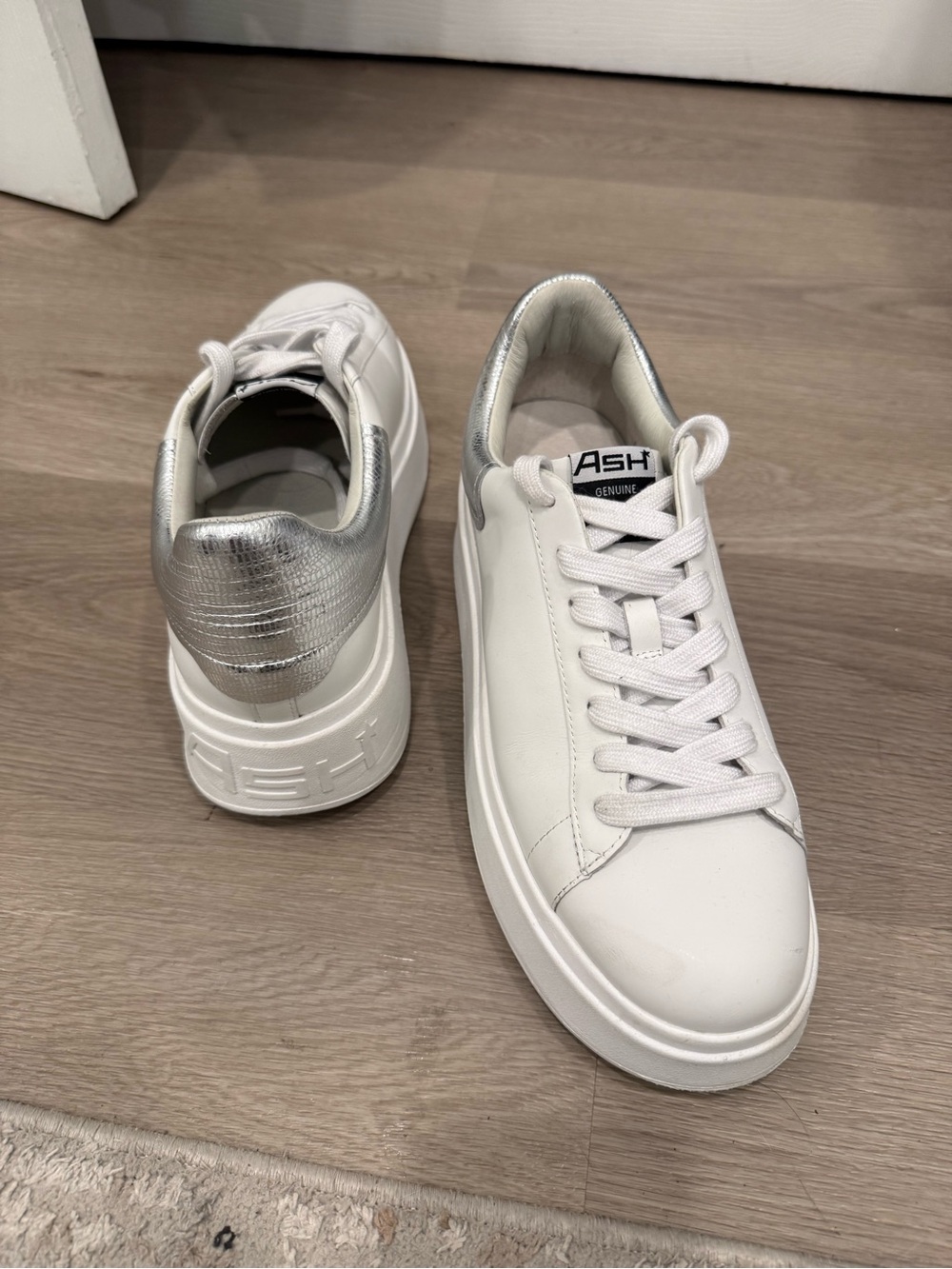 ASH White Leather Low-Top Sneakers with Silver Heel